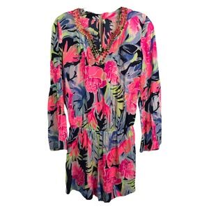 Lilly Pulitzer‎ Women's Arielle Beaded Romper High Tide Navy Tropicolada Pink XS